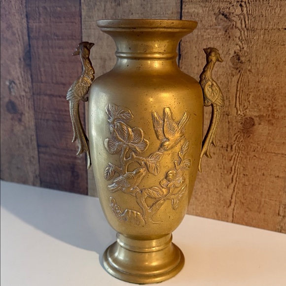 Vintage Japanese Brass Vase Urn with Birds/Peacocks Japan Aesthetic
